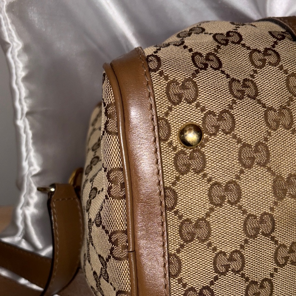 Gucci Beige GG Canvas Top-Handle Bag with Pink & Brown Stripe - Picture 13 of 17